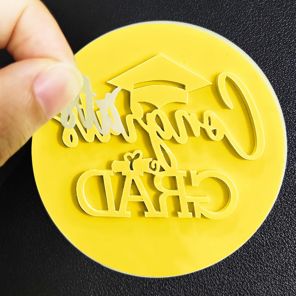 Graduation Fondant Stamp, Congrats Grad Cookie Stamp, 3D Raised Design Graduation Fondant Embosser for DIY Baking Cake Decorating Cookies Sugar Paste Cupcake Topper, 3.15inch, Yellow
