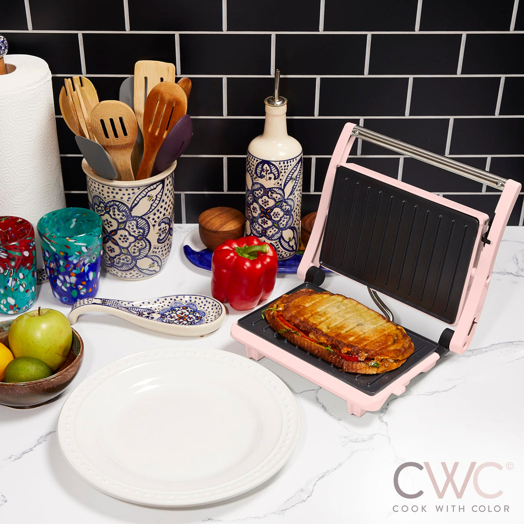 COOK WITH COLOR Panini Maker: 2-Slice Press Grill, 760W Power, Non-Stick Plates, Cool Touch Handle, Compact Design, Fast Cooking - Ideal for Delicious Paninis, Pink