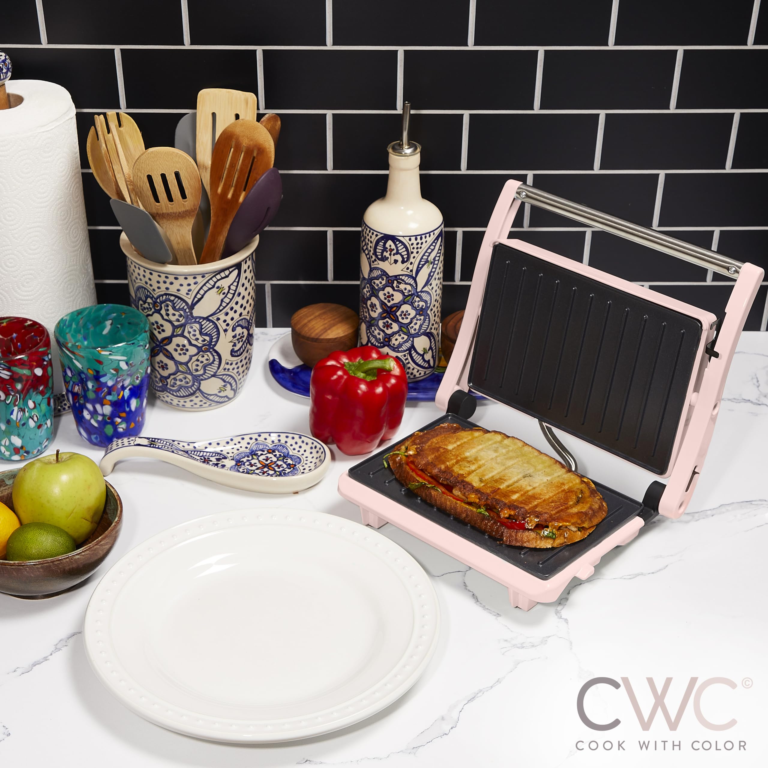 COOK WITH COLOR Panini Maker: 2-Slice Press Grill, 760W Power, Non-Stick Plates, Cool Touch Handle, Compact Design, Fast Cooking - Ideal for Delicious Paninis, Pink
