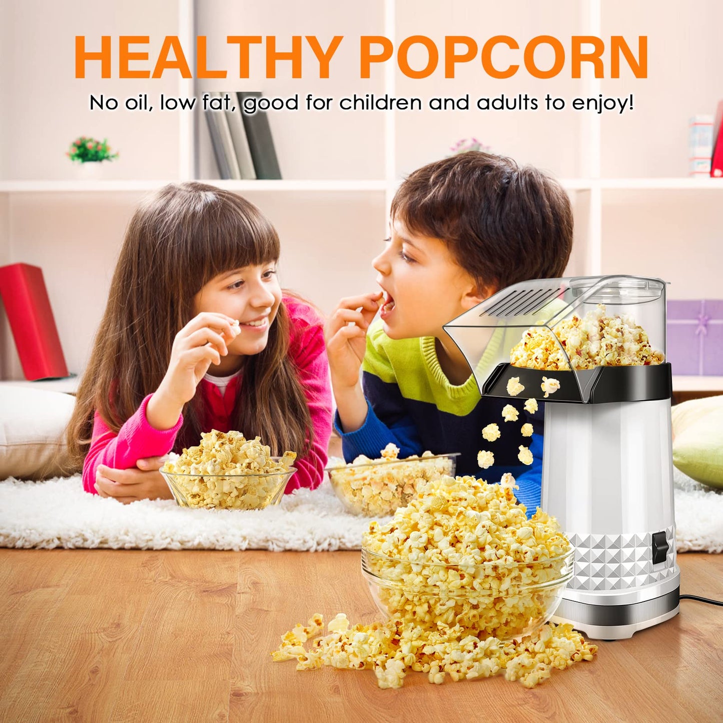 Fast Hot Air Popcorn Popper Maker, Electric Popcorn Machine with Measuring Cup, No Oil, Easy to Clean & Maintain, Popcorn Machines for Home Family Party | White