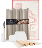 French Bread Kit - Baguette Pan for Baking, Silicone Baking Mat, Dough Cutter and Scraper, Bread Lame Cutter, & Bakers Couche Proofing Cloth - Nonstick Bread Pans for Homemade Bread Gift Set