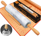 Walfos Marble Rolling Pin With Wooden Handles & Wood Cradle, 16.5 Inch Marble Rolling Pins For Making Pizza Dough And Tortillas, Dough Roller For Pie Crust, Cookie, Pasta (Gray & White)