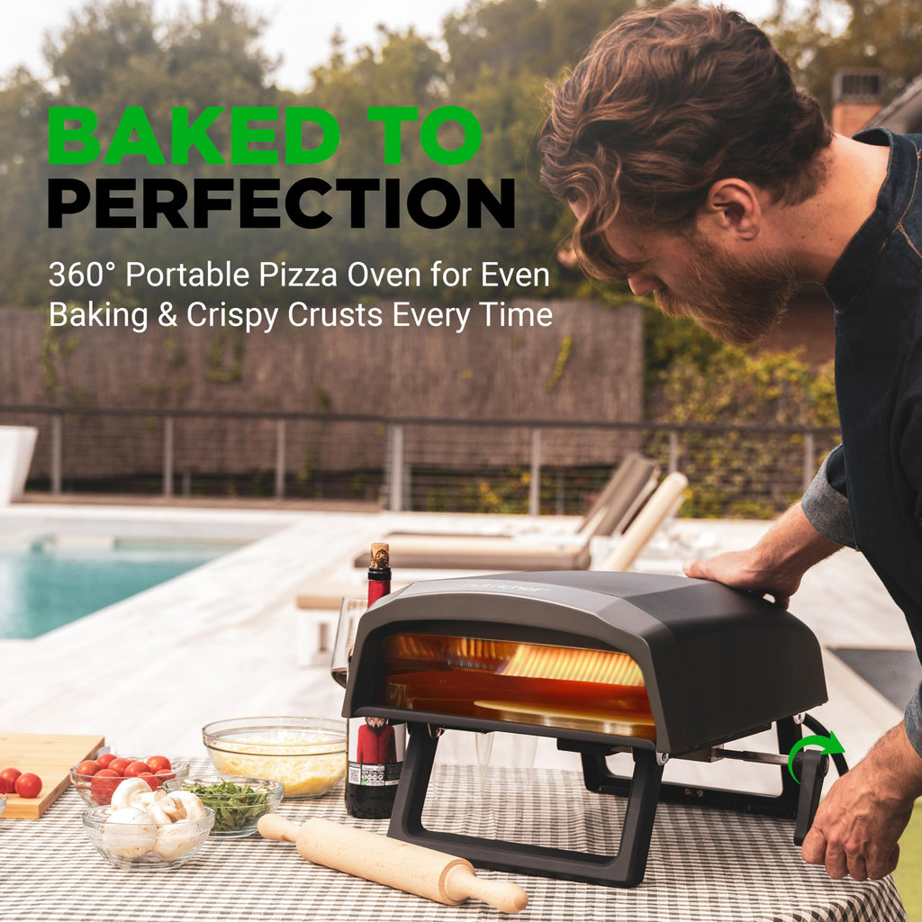 Piec do pizzy NutriChef Outdoor z obracającym się o 360° kamieniem do pizzy | Regulowane pokrętło do regulacji temperatury, w zestawie łopata do pizzy, kamień i regulator z wężem | Piecze pizzę o średnicy 12 cali w 60 sekund | 25,2 x 16,1 x 14 cali