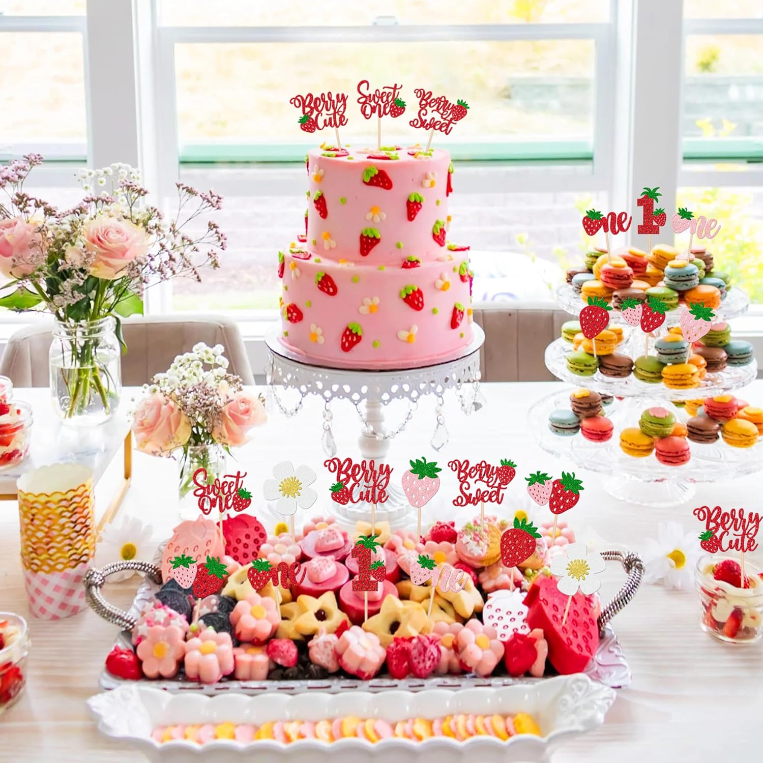 30 PCS Sweet One Strawberry Cupcake Toppers Glitter Sweet Berry 1st Birthday Cupcake Picks Strawberry Birthday Decorations for Baby Shower Kids First Birthday Party Cake Decorations Supplies