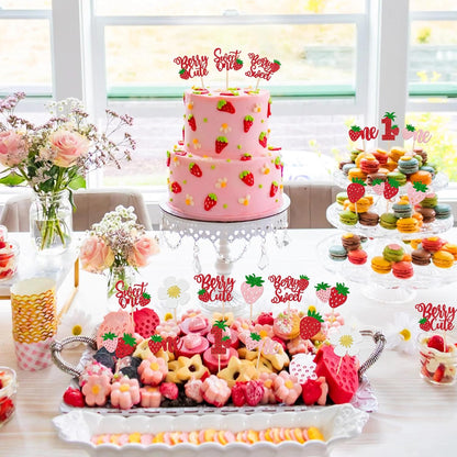 30 PCS Sweet One Strawberry Cupcake Toppers Glitter Sweet Berry 1st Birthday Cupcake Picks Strawberry Birthday Decorations for Baby Shower Kids First Birthday Party Cake Decorations Supplies