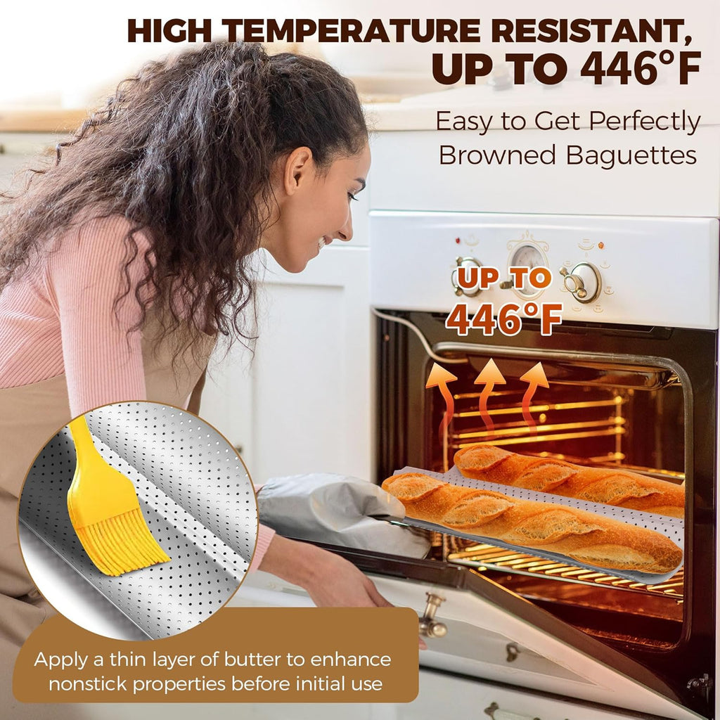 Baguette Bread Pan, Premium Nonstick Perforated French Bread Baking Pan, 2 Loaves Baguette Tray for Sourdough, Italian Bread Baking, Perfect for Creating Crisp Golden-Brown Crust