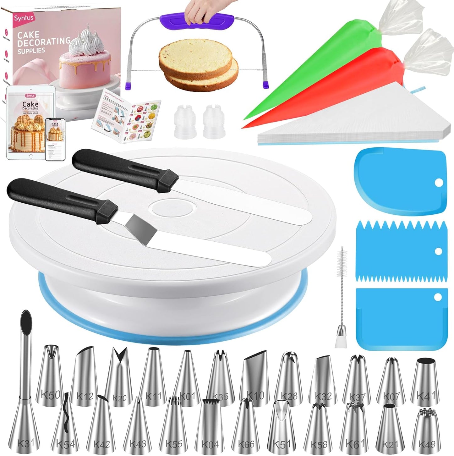 Syntus 65 PCs Cake Decorating Kit with Cake Stand Turntable, Cake Baking Supplies 30+1 Piping Bags, 24 Piping Tips, Offset & Straight Spatulas, 3 Scrapers, Leveler, 2 Couplers & 1 Tips Brush