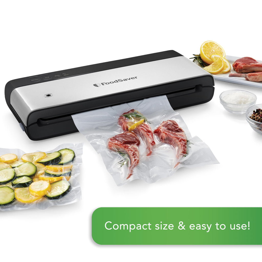FoodSaver PowerVac Kompaktowa maszyna do pakowania próżniowego, stal nierdzewna i kolor czarny, przechowywanie pionowe, VS0150 | Zachowuje świeżość, zmniejsza ilość odpadów w torebkach, do żywności suchej i mokrej