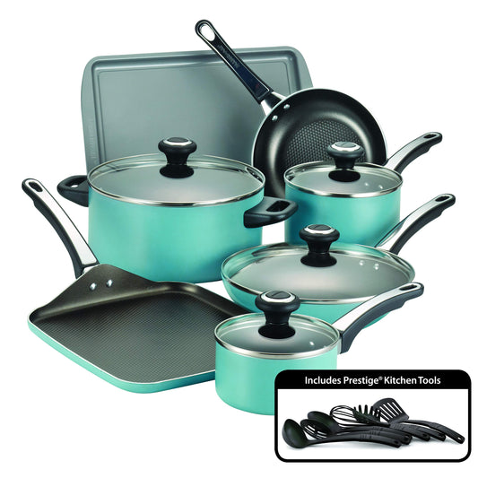 Farberware High Performance Nonstick Cookware Pots and Pans Set Dishwasher Safe, 17 Piece, Aqua