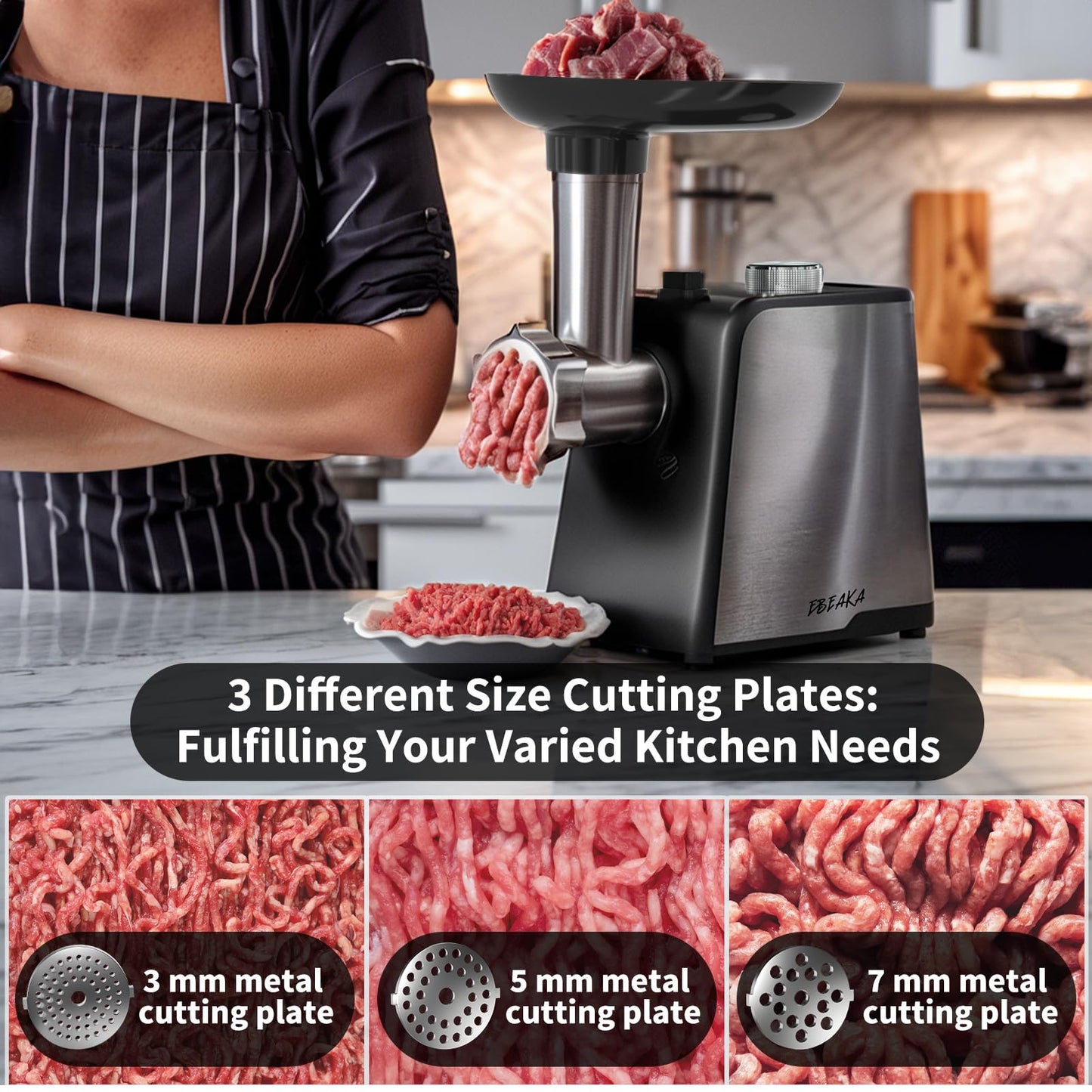 EBEAKA Electric Meat Grinder & Sausage Stuffer Maker, Heavy Duty Meat Mincer with Stainless Steel Blades & 3 Grinding Plates, Food Grinder with Kubbe Kit & Sausage Stuffer Tubes for Home Kitchen Use