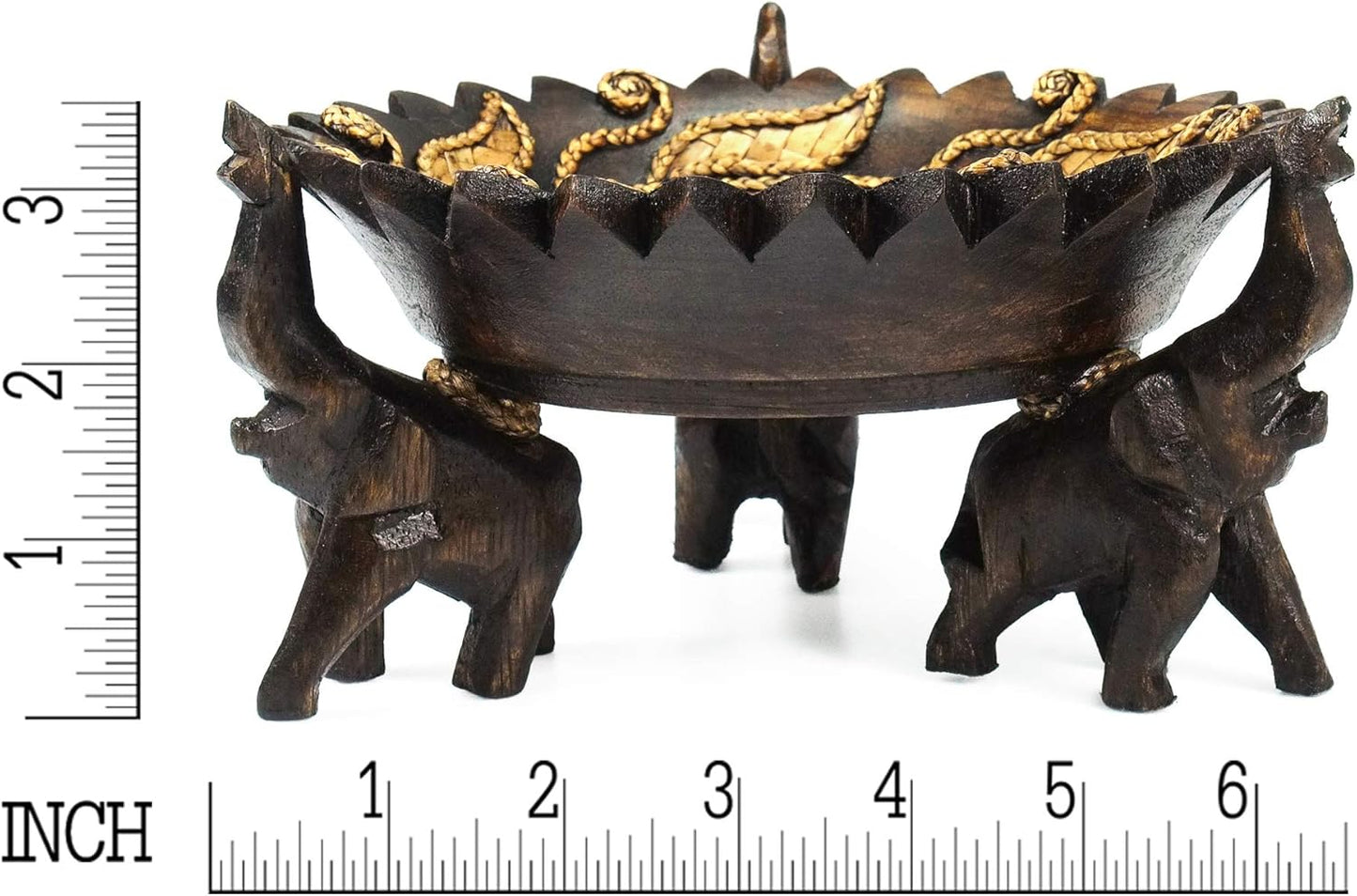 AeraVida Wooden Tray Rejoicing Elephant Leaves Carved Design Round Rain Tree Wood Home Decor Accent with Woven Straw Base 6.5 Inch Gift Display Bowl