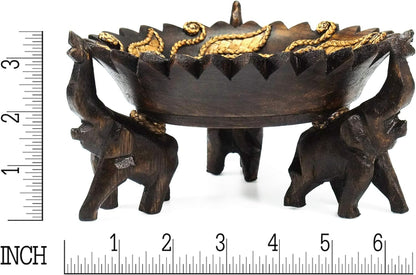 AeraVida Wooden Tray Rejoicing Elephant Leaves Carved Design Round Rain Tree Wood Home Decor Accent with Woven Straw Base 6.5 Inch Gift Display Bowl