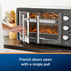 Oster Extra-Large French Door Air Fryer Countertop Oven, stal nierdzewna, 60-minutowy timer, 6 funkcji gotowania, uniwersalne akcesoria, zmniejsza zużycie energii i czas gotowania