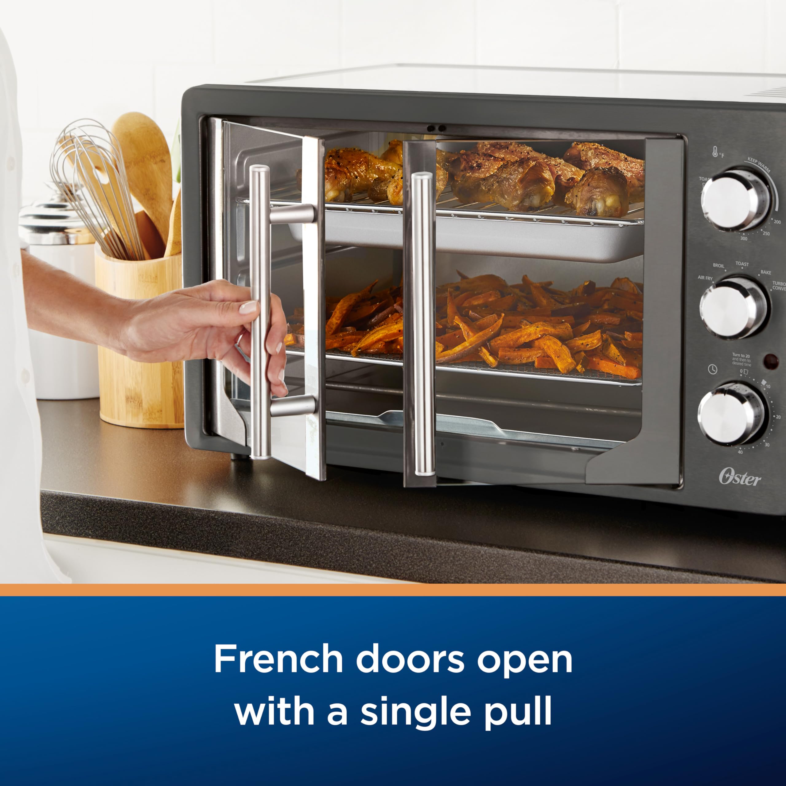 Oster Extra-Large French Door Air Fryer Countertop Oven, stal nierdzewna, 60-minutowy timer, 6 funkcji gotowania, uniwersalne akcesoria, zmniejsza zużycie energii i czas gotowania
