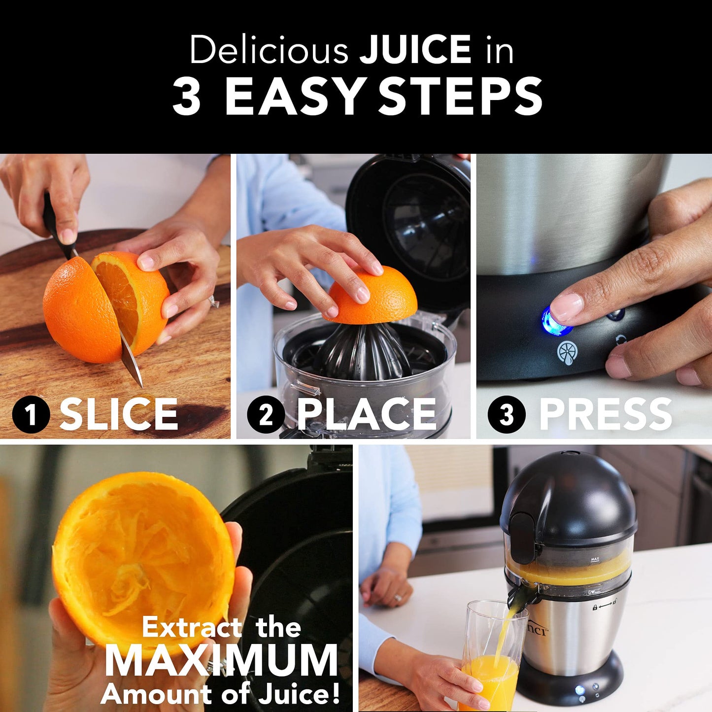 Vinci Hands Free Electric Citrus Juicer, 1-Button Juicer Machine, Orange Lime Grapefruit Lemon Squeezer, Easy to Clean Orange Juicer Squeezer, Black/Stainless Steel