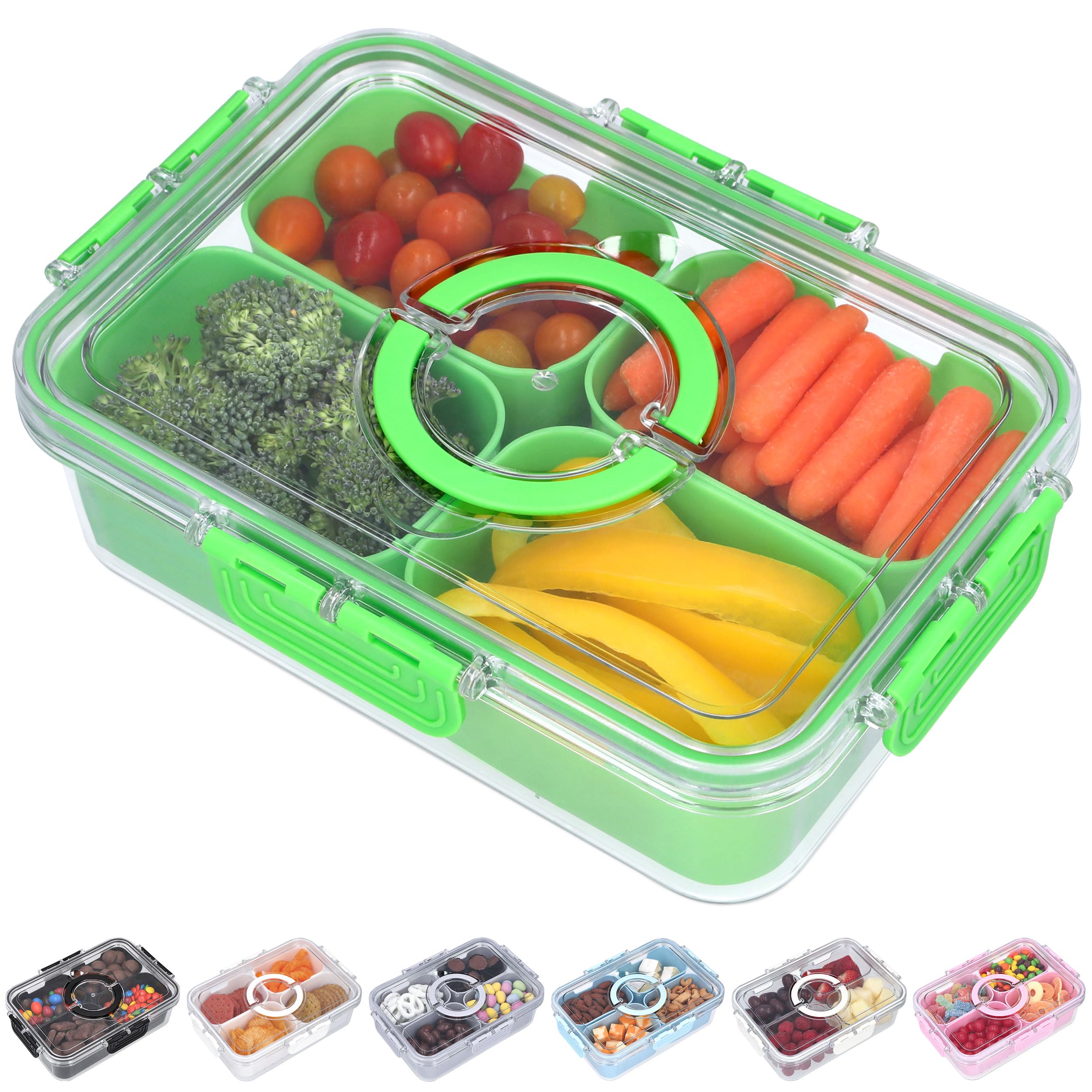 Snackle Box Container with Lid- Travel Charcuterie Box with Handle - Organizer for Candy, Fruit, Nuts, Veggies, Snacks, Beach Essentials, Portable Lunch Box (Pink, Small)