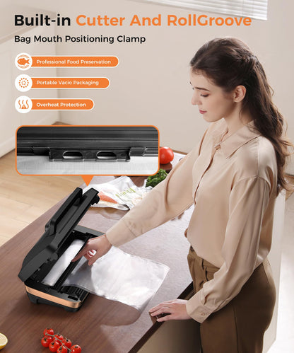 95kpa Vacuum Sealer Machine,Commercial Full Automatic Food Sealer,Powerful Sealing System with Double Heat Seal,Bags Storage, Easy-Lock Handle,Build-in Cutter,1 Bag Rolls and 10 pcs Pre-cut Bags