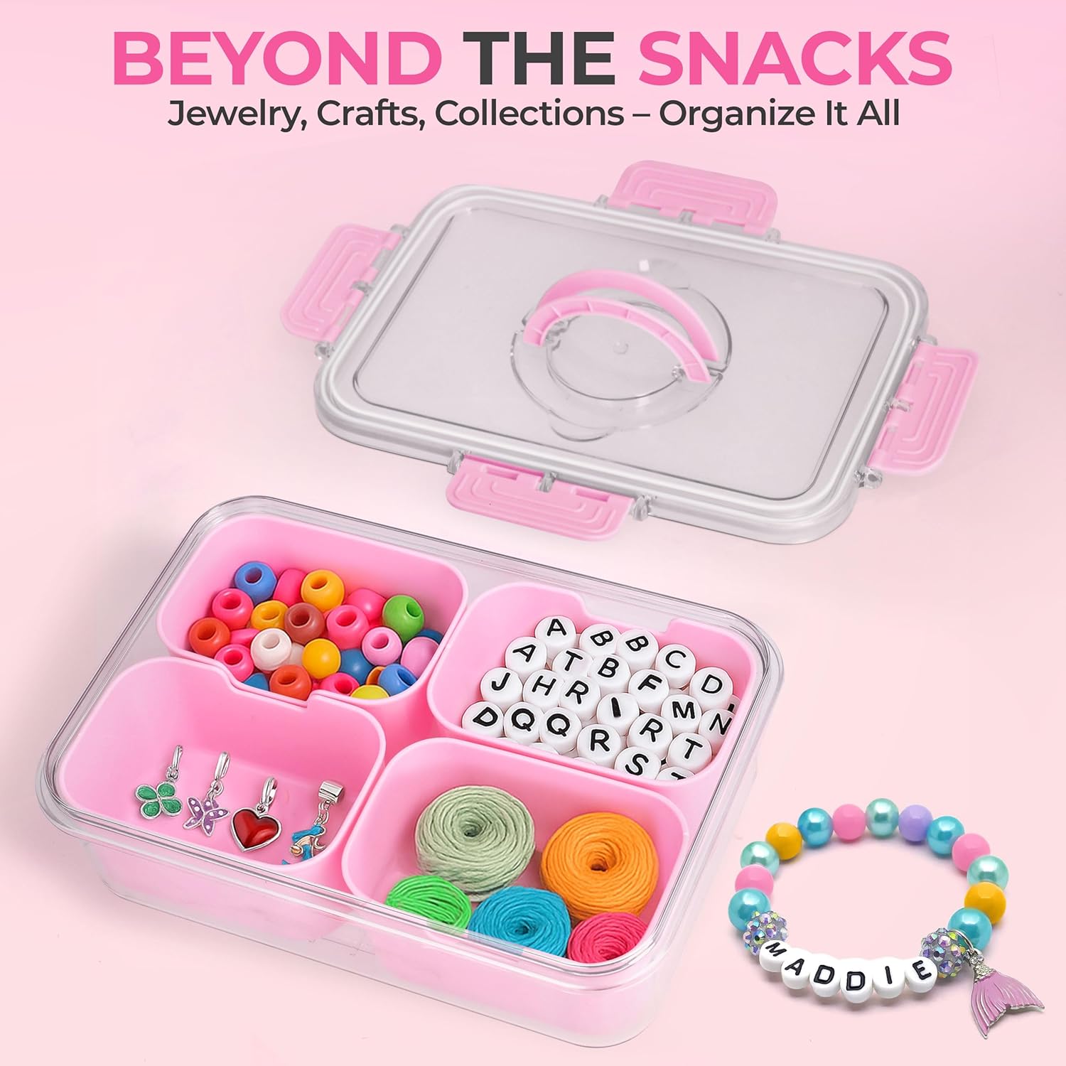 Snackle Box Container with Lid- Travel Charcuterie Box with Handle - Organizer for Candy, Fruit, Nuts, Veggies, Snacks, Beach Essentials, Portable Lunch Box (Pink, Small)