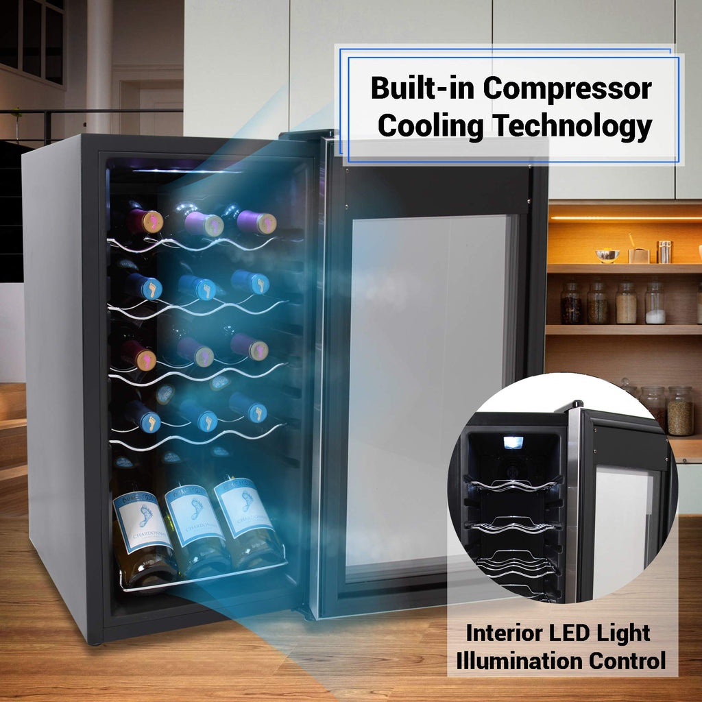 nutrichef 15 Bottle Fridge | Red and White Chiller | Adjustable Temp Control 41°F to 64°F | Ultra Quiet Operation | Mini Wine Cooler Built for Home, Office, Kitchen Counter, 27x13x17, Stainless Steel