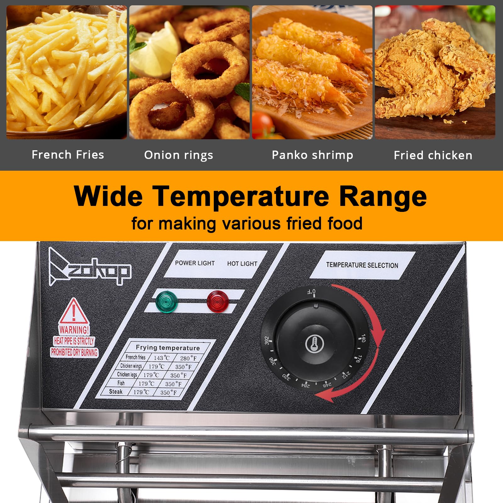 10QT Electrnic Deep Fryer with basket, 2500 Watt, Adjustable Temperature, Removable Frying Basket and Easy to CleanStainless Steel Body,Household and commercial, French fries, chicken