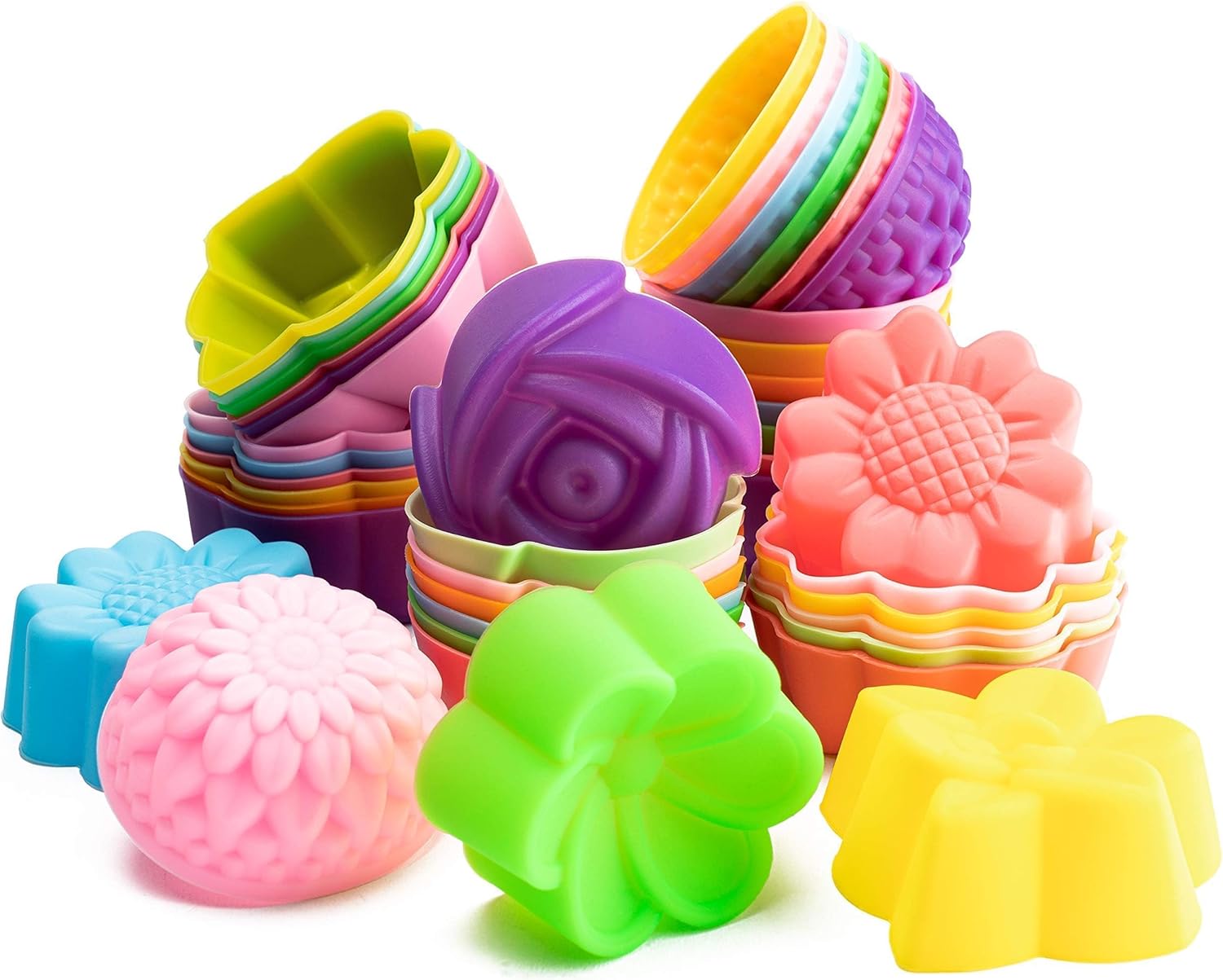 R HORSE 42Pcs Mini Size Silicone Molds, 2 x 0.8 inch Cupcake Multi Flower Shapes Baking Cups Non-Stick Donut Wrapper Mold Muffin Liners Washable for Pan Oven Microwave Dishwasher