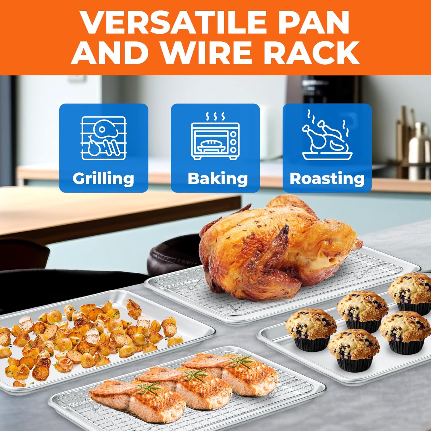 Baking Pan Set - 9" x 13" Aluminum Baking Pan with Stainless Steel Cooling Rack Set, PFOA, PFOS, PTFE Free, Recipe Booklet Included, Oven Safe Tray, Resist Heat Up To 500° F, Set of 2