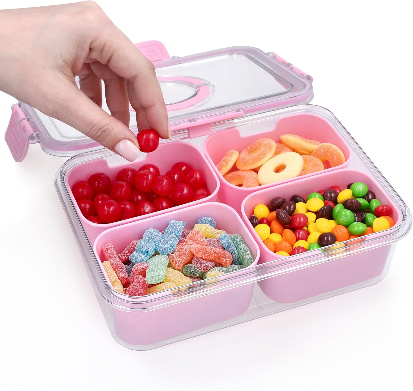 Snackle Box Container with Lid- Travel Charcuterie Box with Handle - Organizer for Candy, Fruit, Nuts, Veggies, Snacks, Beach Essentials, Portable Lunch Box (Pink, Small)