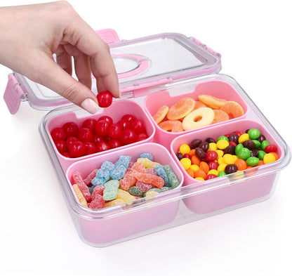 Snackle Box Container with Lid- Travel Charcuterie Box with Handle - Organizer for Candy, Fruit, Nuts, Veggies, Snacks, Beach Essentials, Portable Lunch Box (Pink, Small)