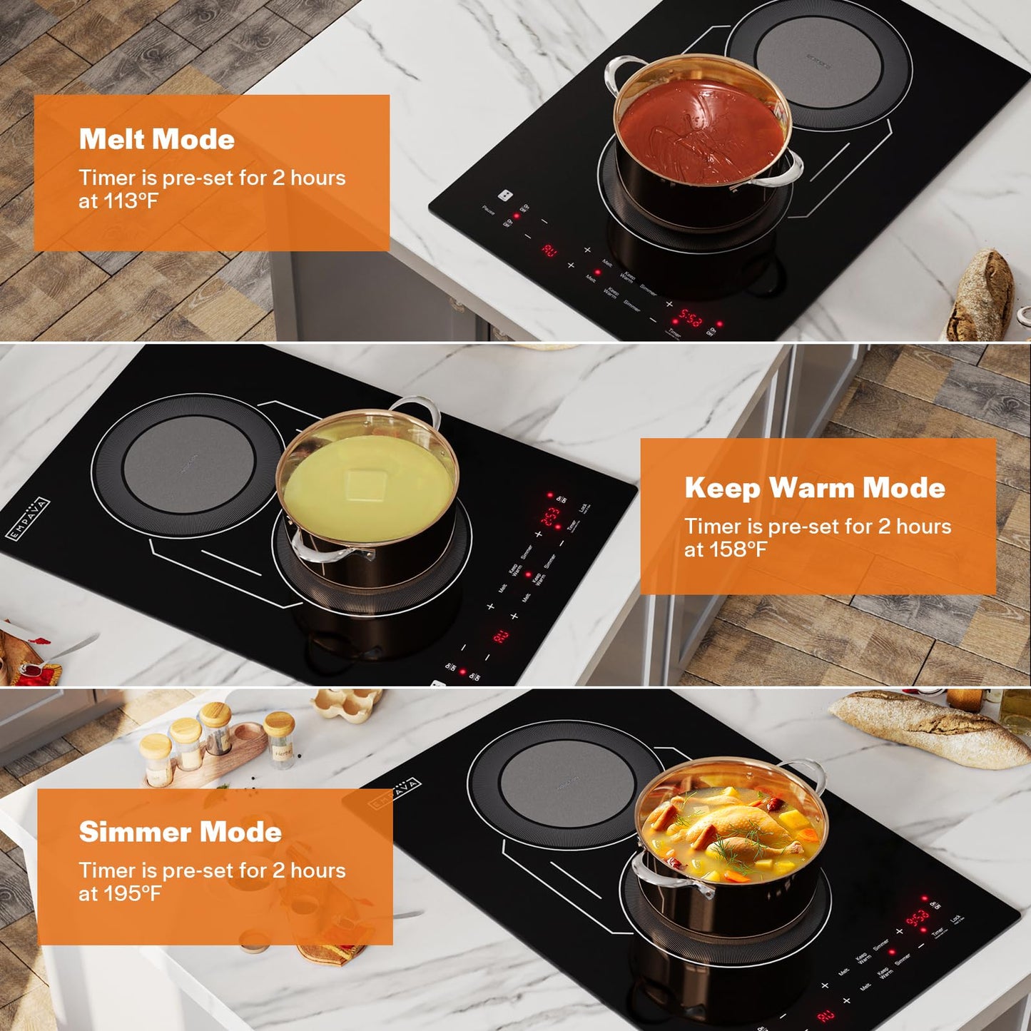 Empava Double/Dual Induction Cooktop 2 Burner, Shatter-proof Flat Glass Top, Bridge-SYNC, 3 Preset Modes, Bulit-in/Countertop, 110~120 Volt Plug in Electric Stove for Kitchen, RV, Outdoor Camping