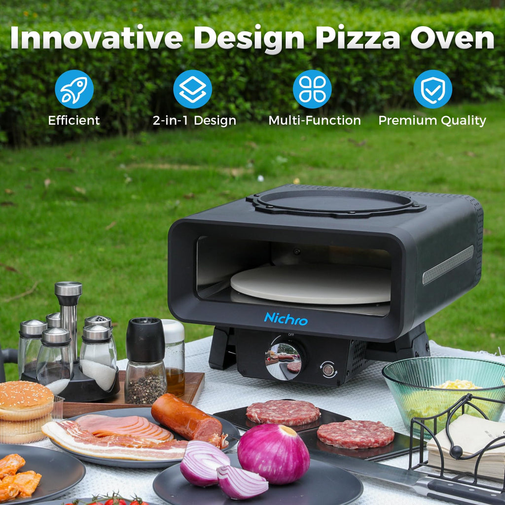 Piec do pizzy gazowy 2 w 1 z funkcjami smażenia i pieczenia - 12 cali, zewnętrzny piec do pizzy z automatycznie obracającym się kamieniem i patelnią, zasilany propanem