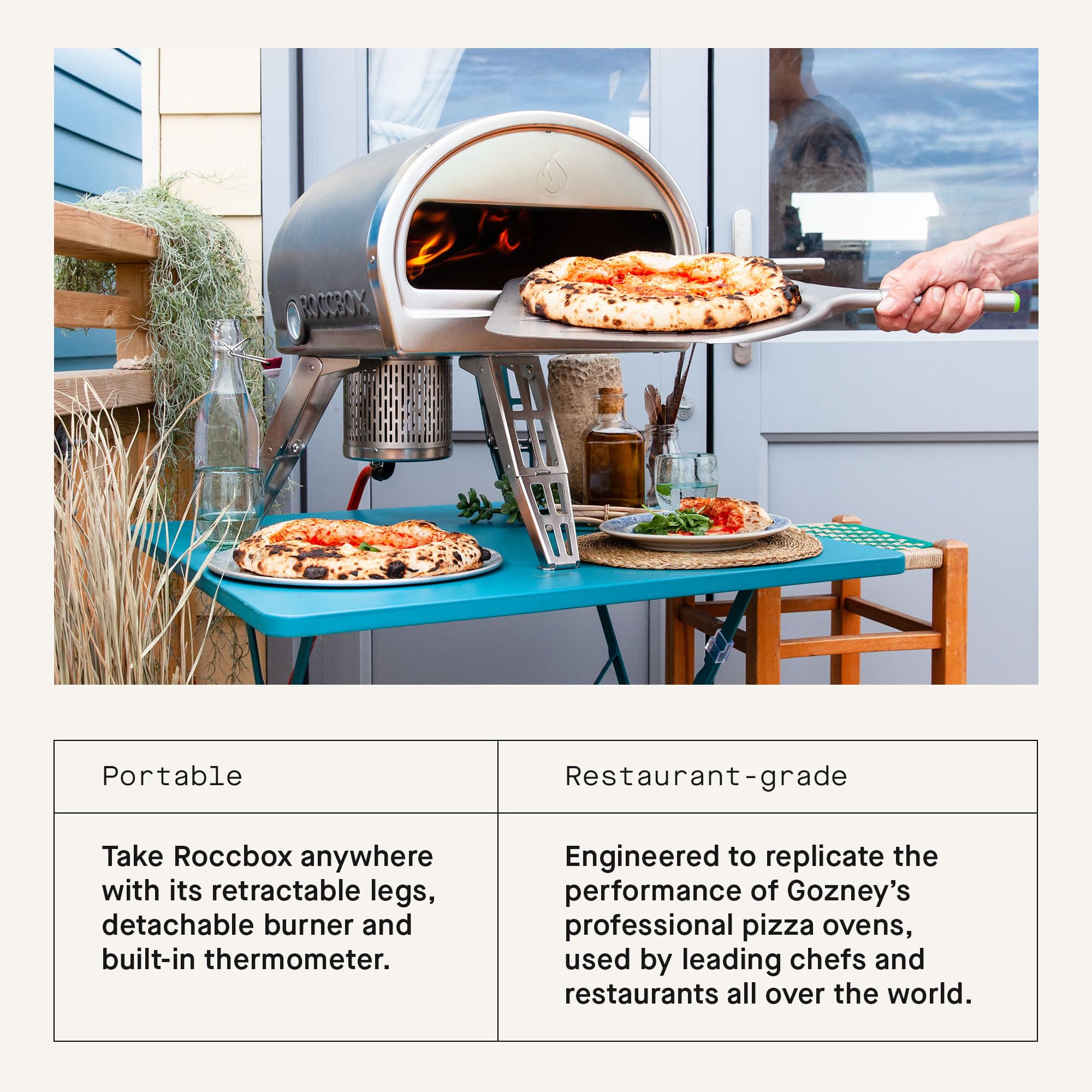 Piec do pizzy Gozney Roccbox Outdoor, szary, przenośny, opalany gazem i drewnem, klasy restauracyjnej