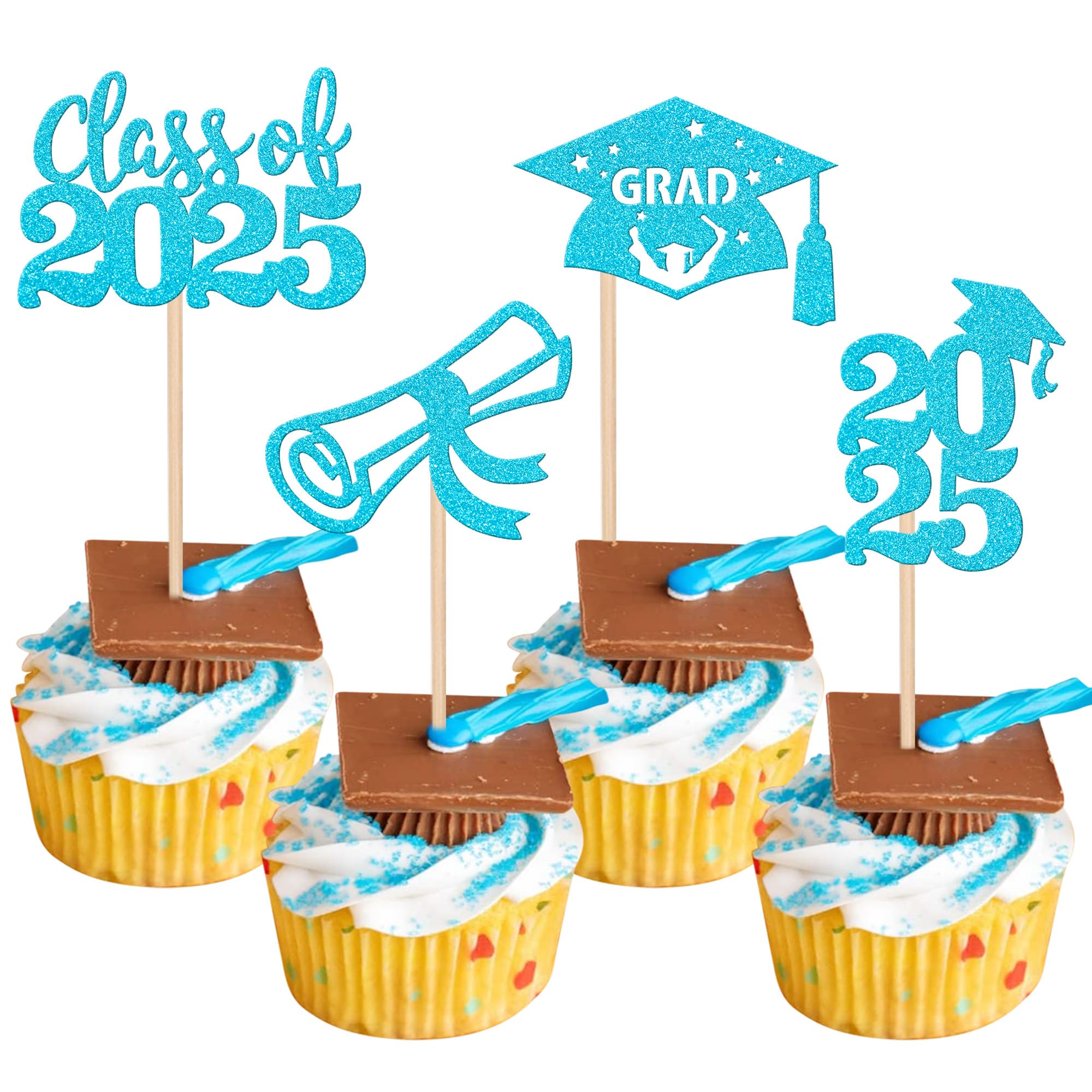 24 PCS 2025 Graduation Cupcake Toppers Glitter Diploma Congrats Grad Cap Cupcake Picks Class of 2025 Cake Decorations for 2025 Graduation Theme Party Supplies Pink
