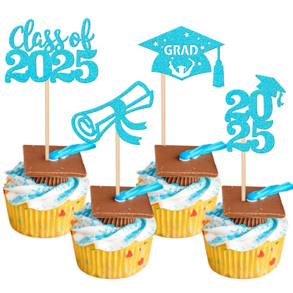 24 PCS 2025 Graduation Cupcake Toppers Glitter Diploma Congrats Grad Cap Cupcake Picks Class of 2025 Cake Decorations for 2025 Graduation Theme Party Supplies Pink