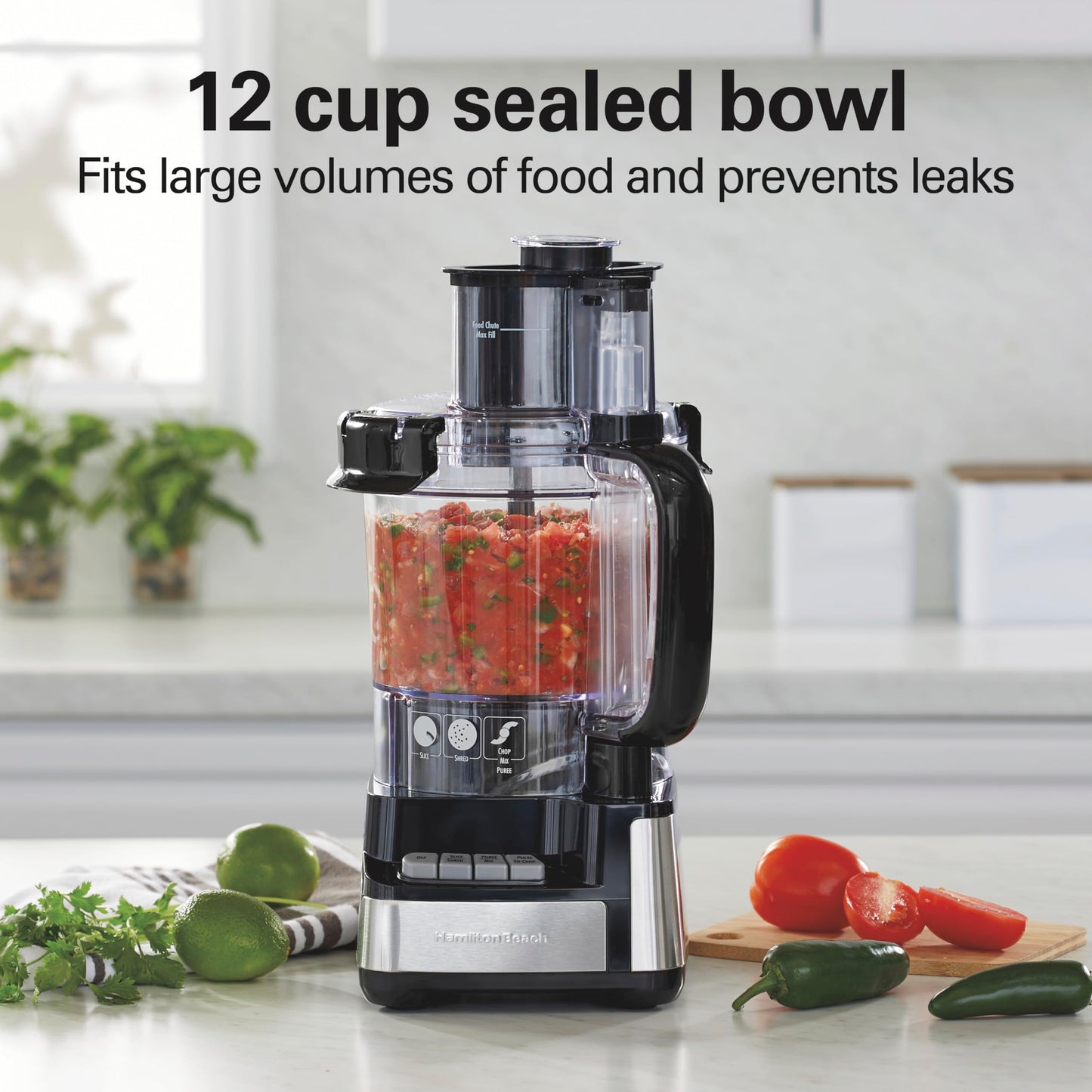 Hamilton Beach Stack & Snap Food Processor and Vegetable Chopper, BPA Free, Stainless Steel Blades, 12 Cup Bowl, 2-Speed 450 Watt Motor, Black (70725A)