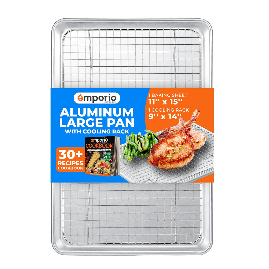 Baking Pan Set - 9" x 13" Aluminum Baking Pan with Stainless Steel Cooling Rack Set, PFOA, PFOS, PTFE Free, Recipe Booklet Included, Oven Safe Tray, Resist Heat Up To 500° F, Set of 2