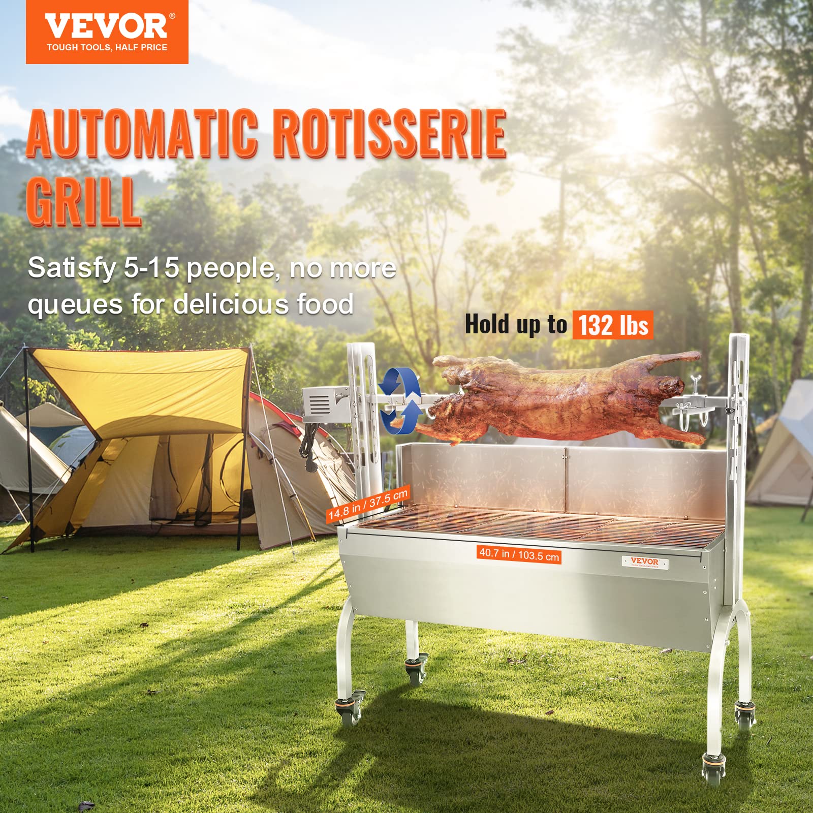 VEVOR Grill rożenowy ze stali nierdzewnej z osłoną przeciwwietrzną, grill węglowy na rożnie do grillowania całej świni, jagnięciny i kozy, silnik elektryczny 50 W, rożen do grillowania wieprzowiny, 46 cali, pojemność 132 funtów