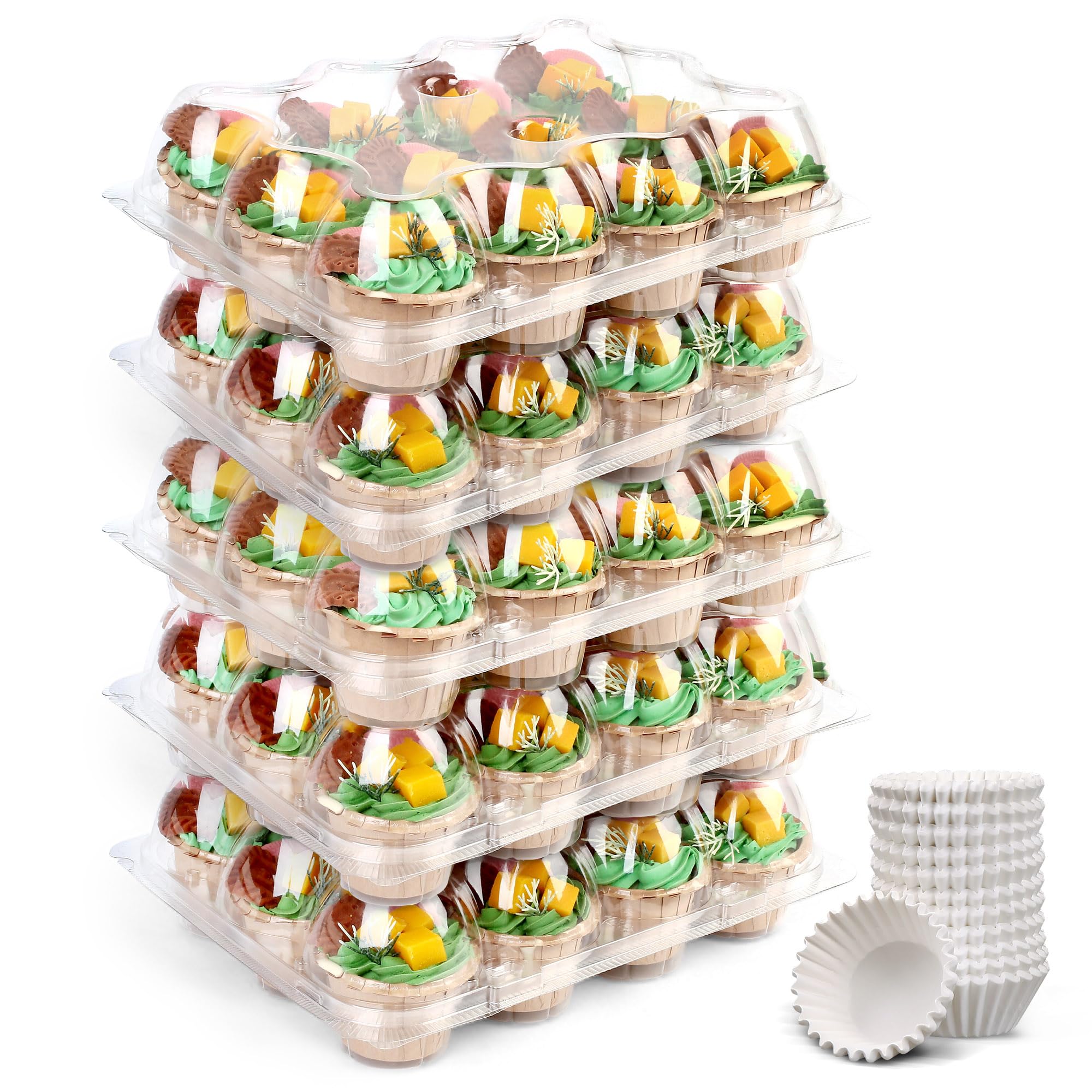 LotFancy Cupcake Containers 12 Count, 12 Sets, Plastic Dozen Cupcake Boxes, Disposable Cupcake Carrier Holder with Detachable Tall Dome Lid, BPA Free, Standard Size