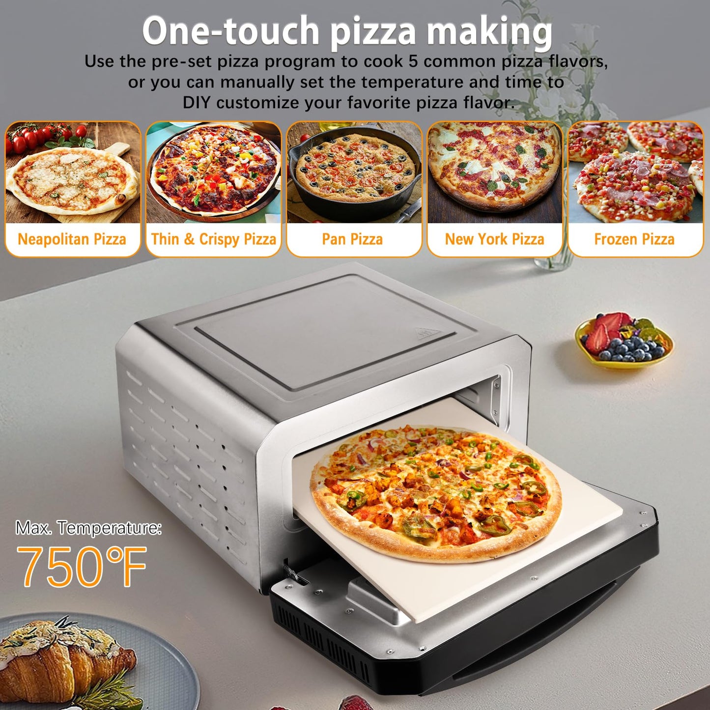 Electric Pizza Oven Indoor, Heats up to 800°F, 12” Pizzas in Minutes, Countertop Pizza Oven with 6 Touchscreen Presets, Pizza Stone and Pizza Peel Included,Stainless Steel Pizza Maker Machine for Home