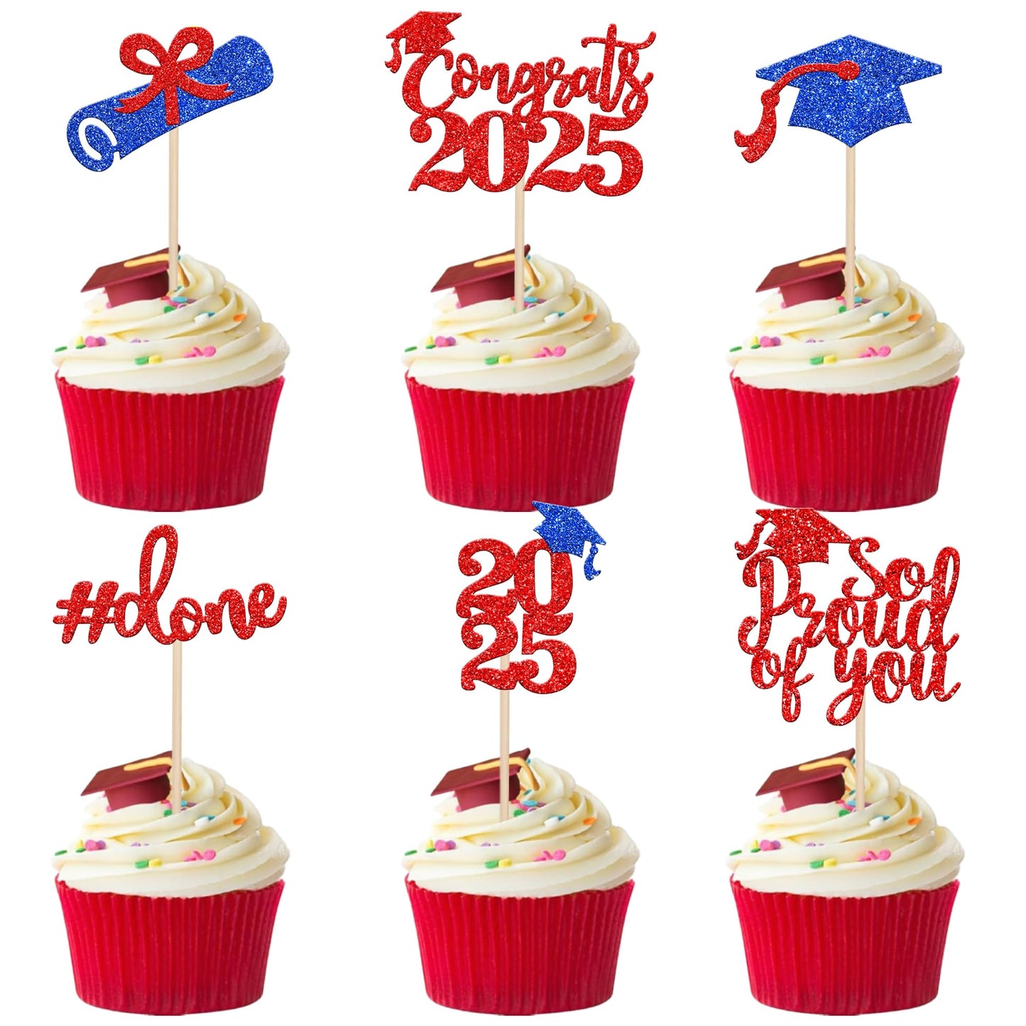 24 PCS 2025 Graduation Cupcake Toppers Glitter Diploma Congrats Grad Cap Cupcake Picks Class of 2025 Cake Decorations for 2025 Graduation Theme Party Supplies Pink