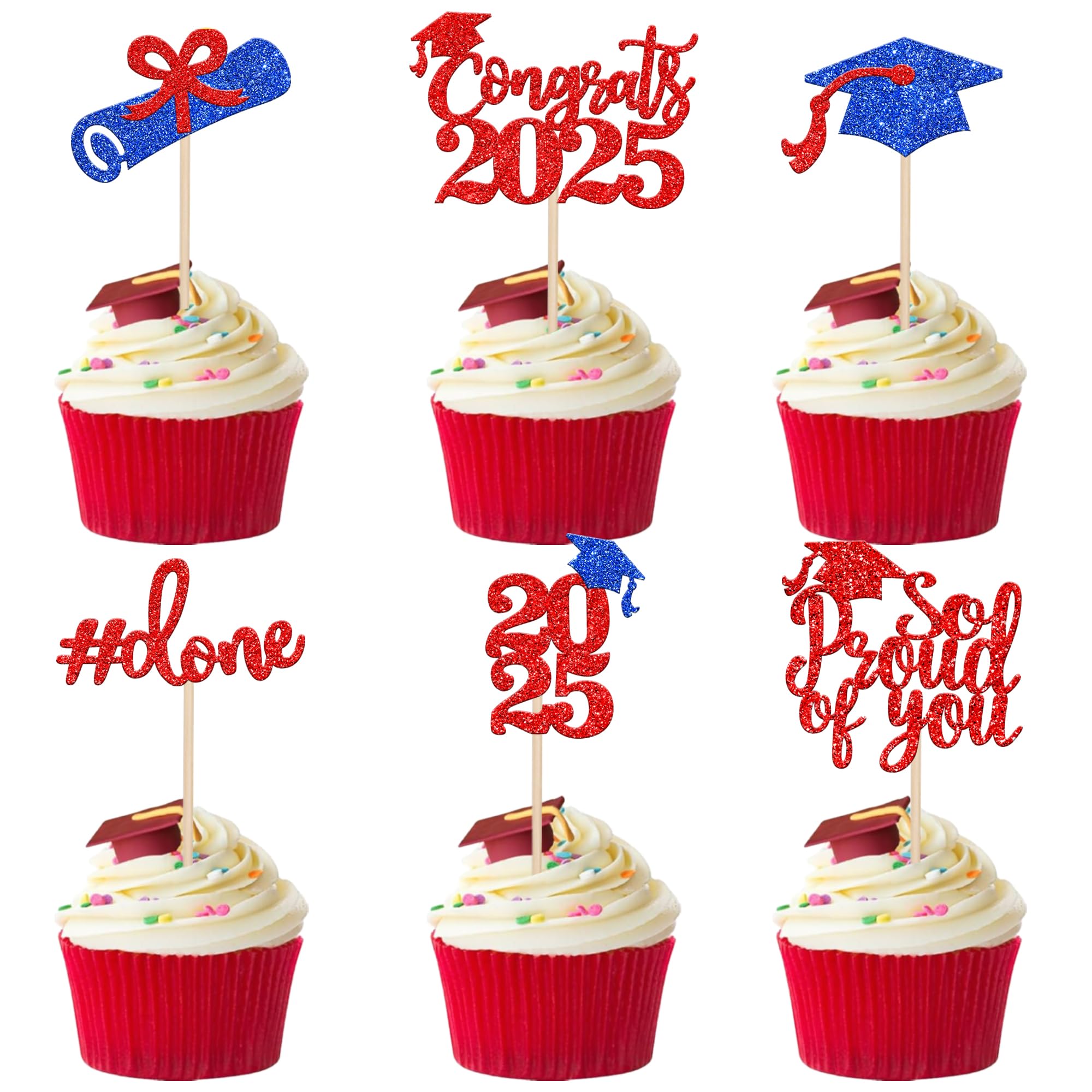 24 PCS 2025 Graduation Cupcake Toppers Glitter Diploma Congrats Grad Cap Cupcake Picks Class of 2025 Cake Decorations for 2025 Graduation Theme Party Supplies Pink