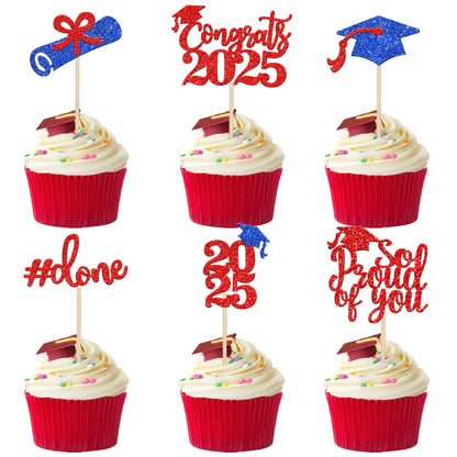 24 PCS 2025 Graduation Cupcake Toppers Glitter Diploma Congrats Grad Cap Cupcake Picks Class of 2025 Cake Decorations for 2025 Graduation Theme Party Supplies Pink