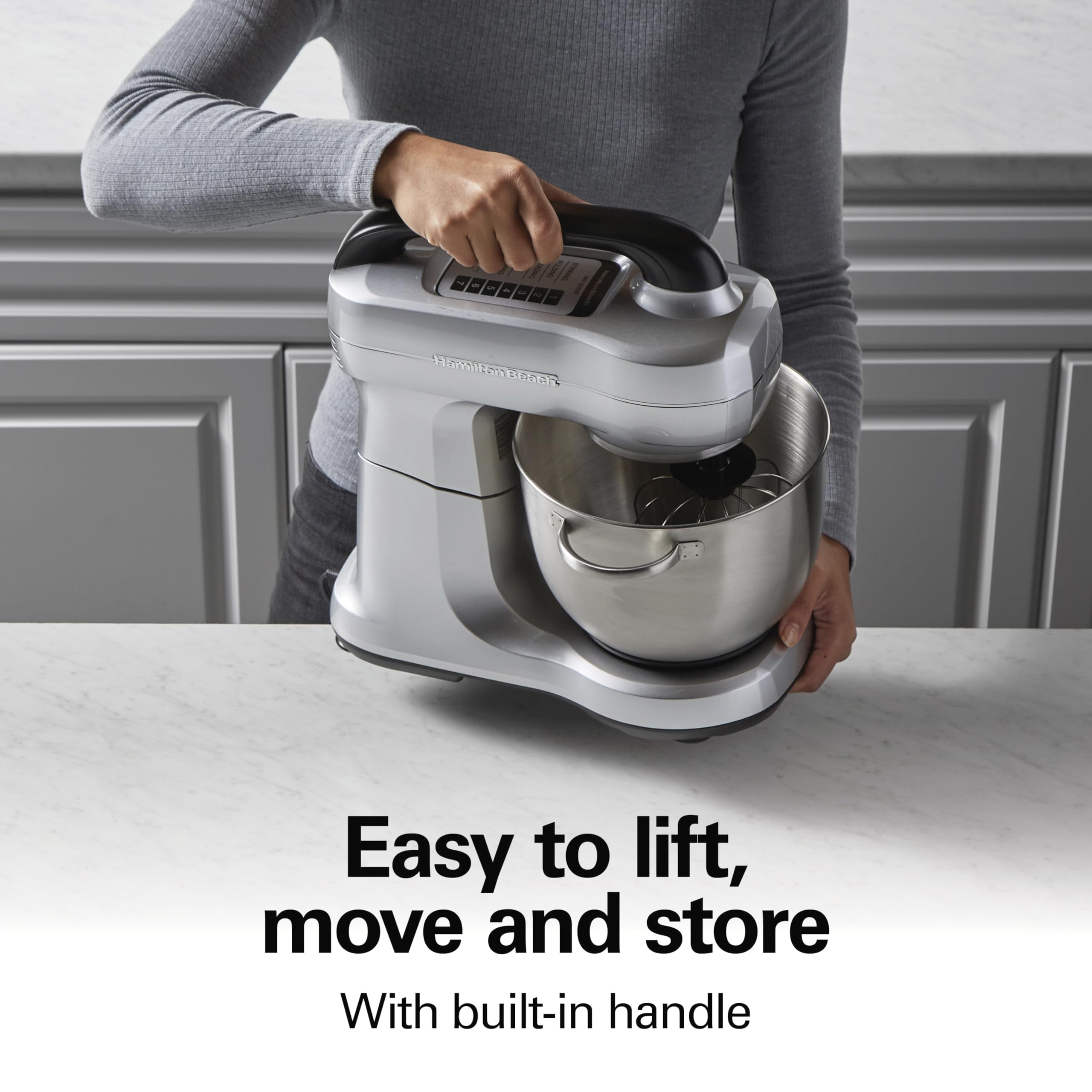 Hamilton Beach Electric Stand Mixer, 4 Quarts, Dough Hook, Flat Beater Attachments, Splash Guard 7 Speeds with Whisk, Silver