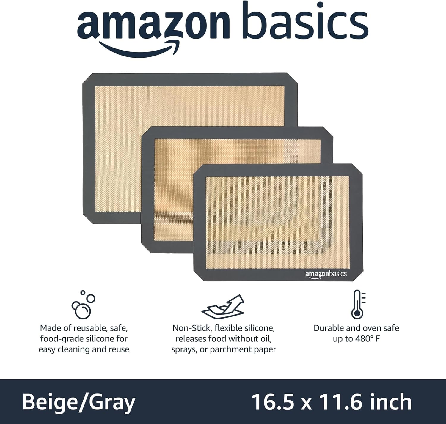 Amazon Basics Rectangular Silicone, Non-Stick, Food Safe Baking Mat, 9"x13", 9.9"x14.8", and 16.5"x11.6", Beige/Gray, Pack of 3