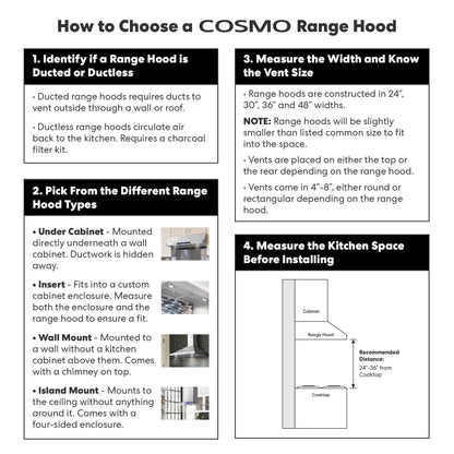 COSMO COS-63190 36 in. Vista Collection 380 CFM Ducted Wall Mount Range Hood, Button Controls, LED Lights, Stainless Steel