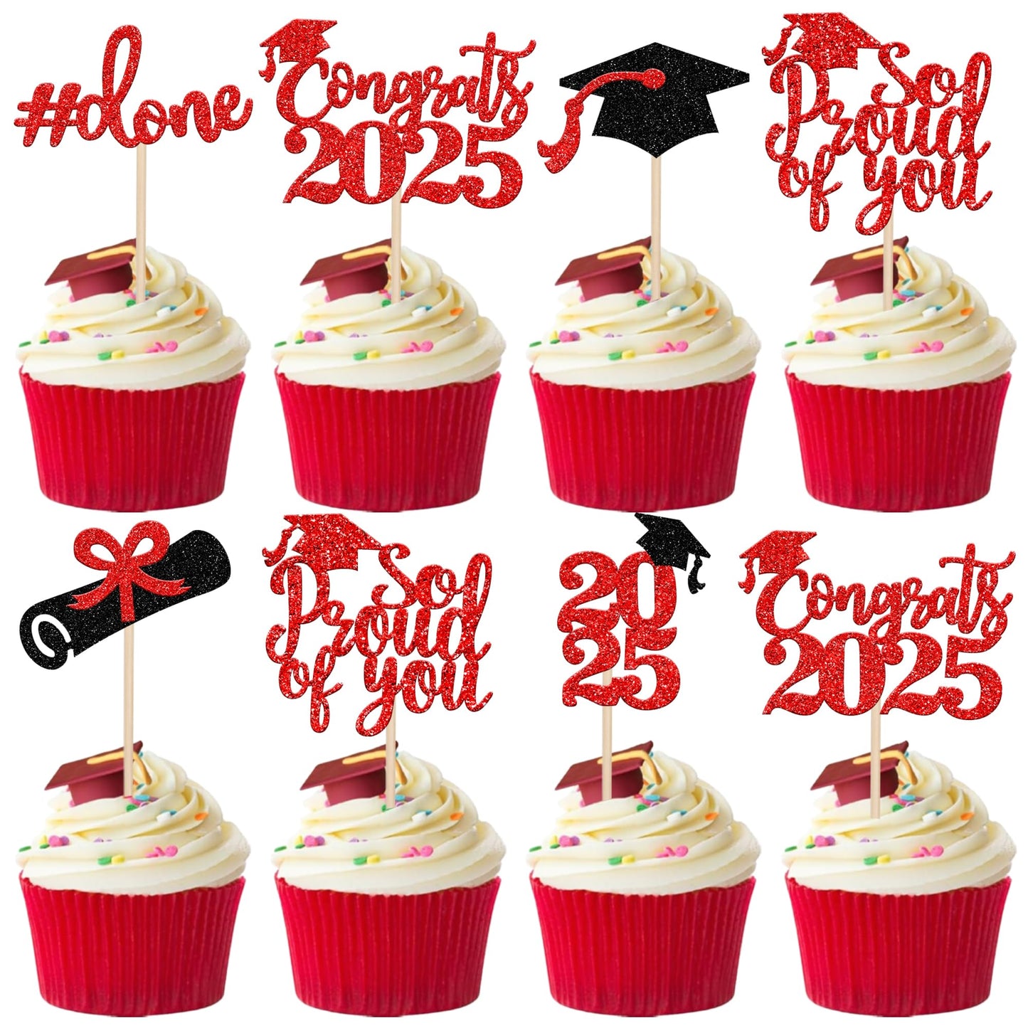 24 PCS 2025 Graduation Cupcake Toppers Glitter Diploma Congrats Grad Cap Cupcake Picks Class of 2025 Cake Decorations for 2025 Graduation Theme Party Supplies Pink