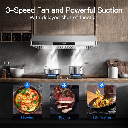 AMZCHEF Under Cabinet Range Hood 30 Inch, 700CFM Stainless Steel Kitchen Stove Vent Hood 3 Speed Exhaust Fan Touch/Remote/Gesture Control LED lights Time Setting Dishwasher-Safe Baffle Filters