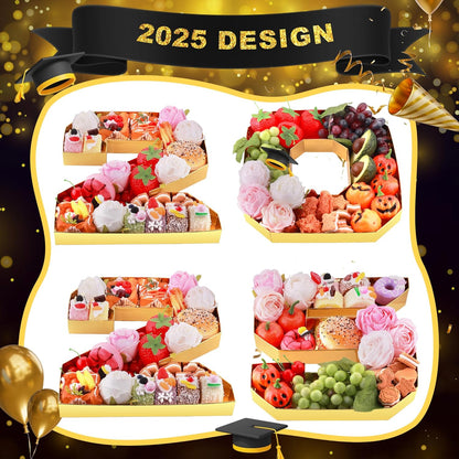 4Pcs 13.7" Graduation Decorations, 2025 Charcuterie Numbers Fillable for Graduation, Food Trays for Chocolate Cookies Goodie Cupcake Candy Tray Grad Party Board Box