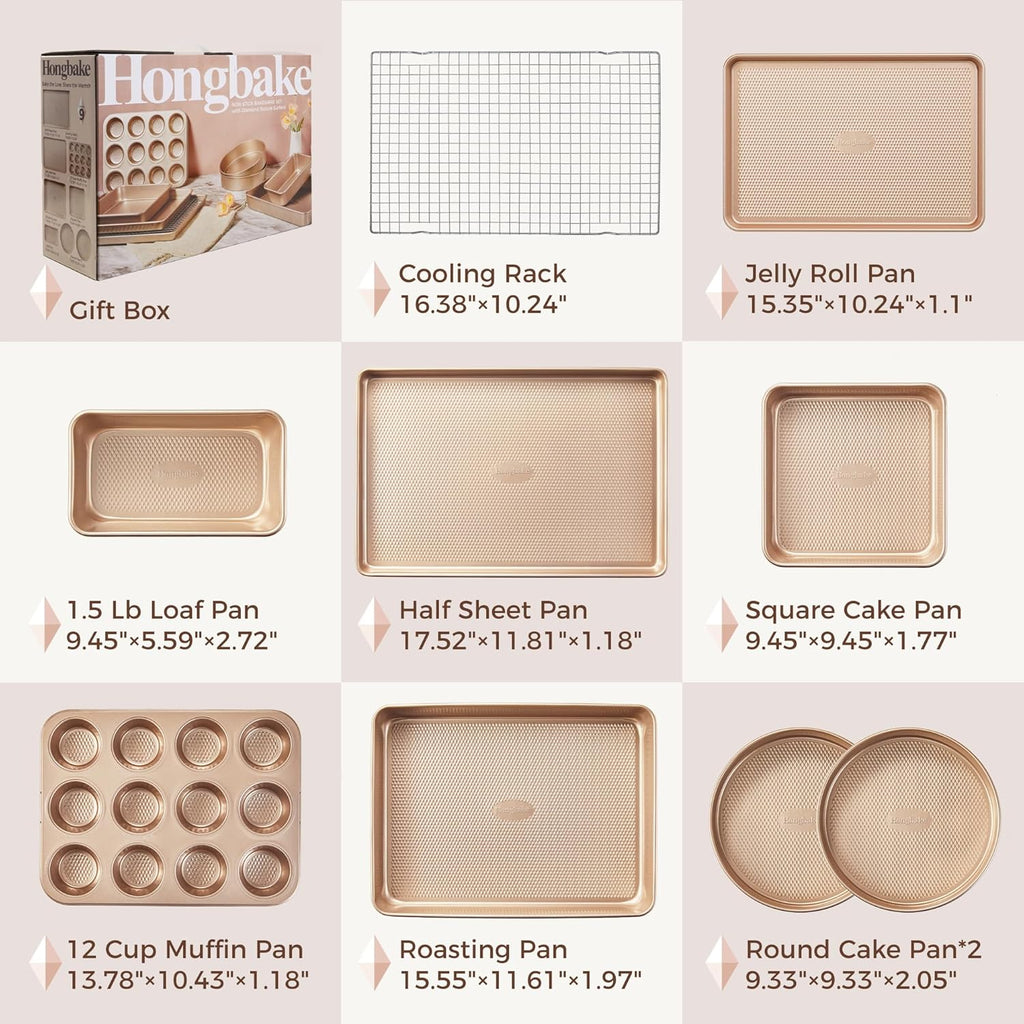 HONGBAKE 9-Piece Baking Pans Set Nonstick, Stackable Non Toxic Bakeware Sets with Diamond Texture, Oven Pan Set for Cooking, Includes Cookie Sheet with Rack, Cake Pan, Roasting Pan, Muffin Tin, Gold