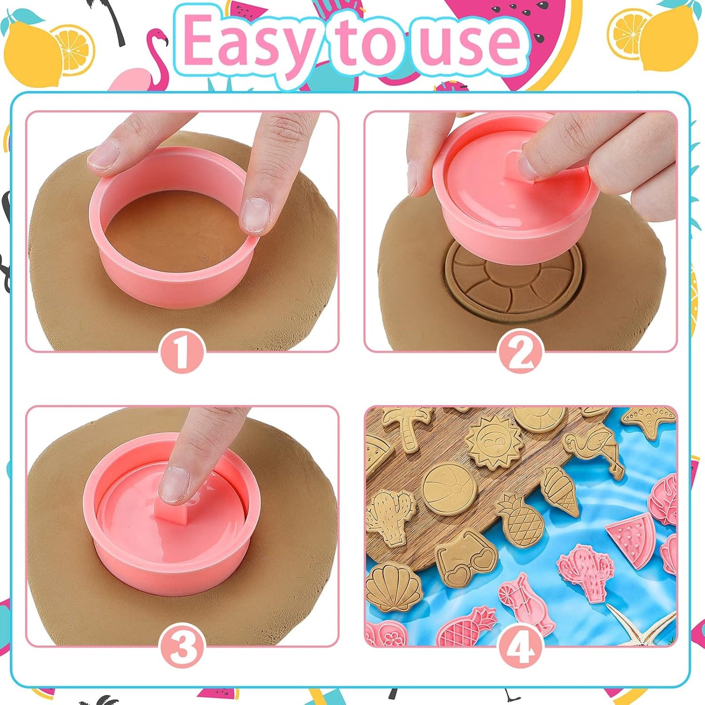 16 Pcs Summer Beach Cookie Cutters with Plunger Stamps Set Tropical Cookie Molds Beach Party Supplies Biscuit Fondant Cutters, Pineapple Flamingo Palm Tree Starfish Seashell Sunglasses Ice Cream
