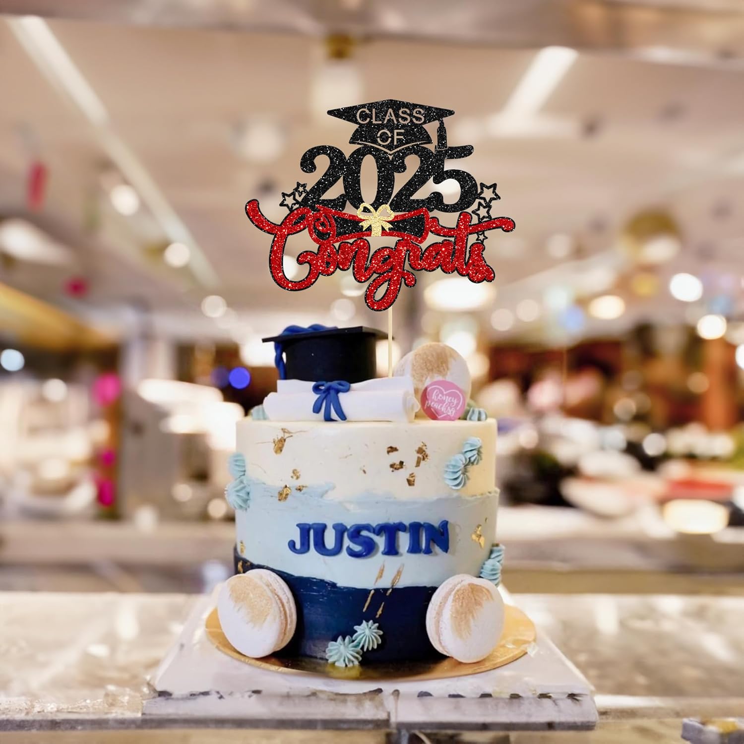 1Pc Congrats Grad 2025 Cake Topper Red Glitter Diploma Graduation Cap Cake Pick Congrats Class of 2025 Cake Decorations for 2025 Graduation Theme High School Boys Girls Graduate Party Supplies